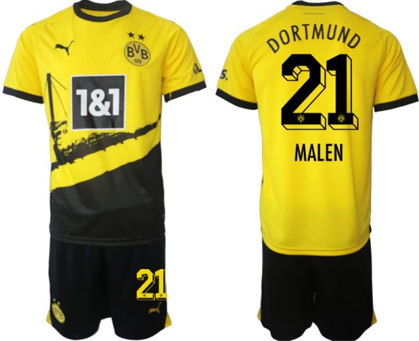 Borussia Dortmund Thuisshirt Donyell Malen #21 Voetbalshirts 2023-2024 Korte Mouw (+ Korte broeken)
