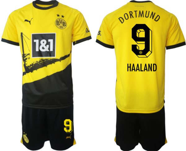 Borussia Dortmund Thuisshirt Erling Haaland #9 Voetbalshirts 2023-2024 Korte Mouw (+ Korte broeken)