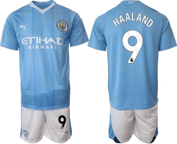 Manchester City Erling Haaland #9 Thuisshirt 2023-2024 Voetbalshirts Korte Mouw (+ Korte broeken)
