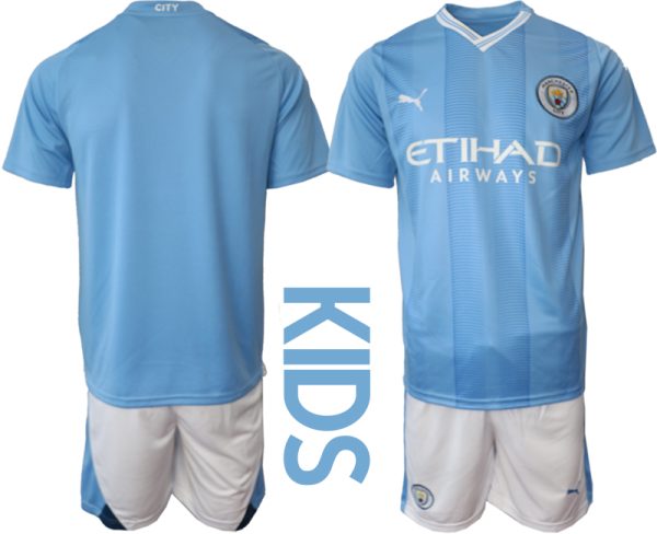 Manchester City Thuisshirt 2023-2024 Kids Korte Mouw (+ Korte broeken) Voetbalshirts