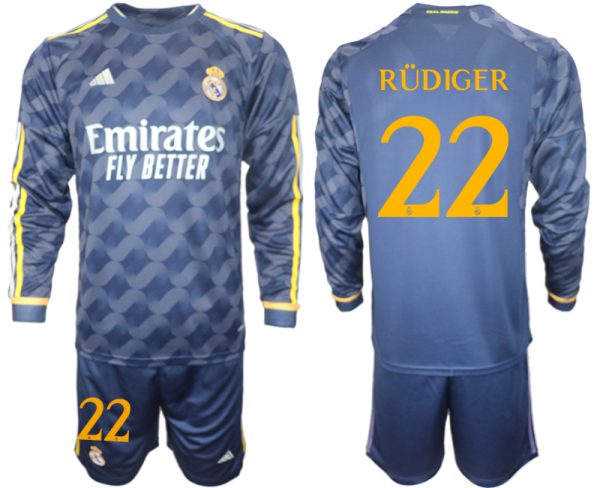 Real Madrid Antonio Rudiger #22 Uitshirt 2023-24 Mensen Lange Mouwen (+ Korte broeken) Voetbalshirts