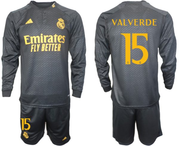 Real Madrid Federico Valverde #15 Derde Shirt 2023-24 Mensen Lange Mouwen (+ Korte broeken) Voetbalshirts