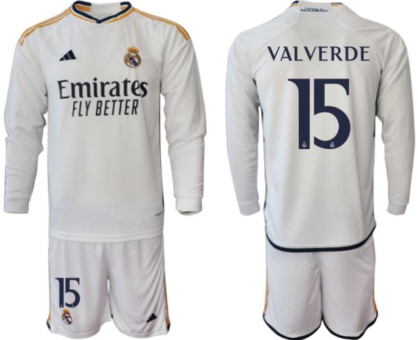 Real Madrid Federico Valverde #15 Thuisshirt 2023-24 Mensen Lange Mouwen (+ Korte broeken) Voetbalshirts